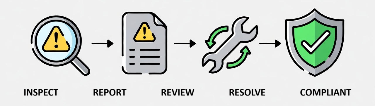 Inspect, Report, Review, Resolve, Compliant